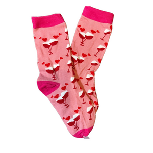 Valentines Pink Hot Pink Socks Red Wine and Hearts Crew Socks